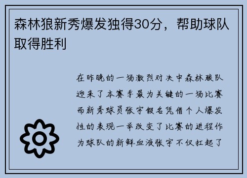 森林狼新秀爆发独得30分，帮助球队取得胜利