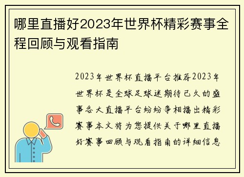 哪里直播好2023年世界杯精彩赛事全程回顾与观看指南