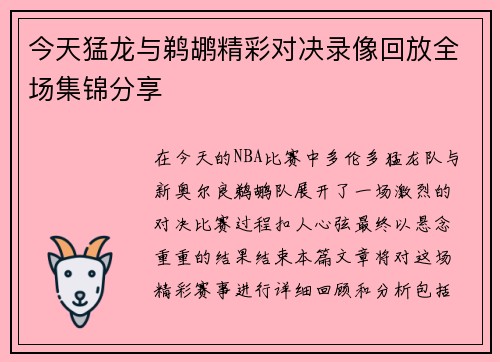 今天猛龙与鹈鹕精彩对决录像回放全场集锦分享